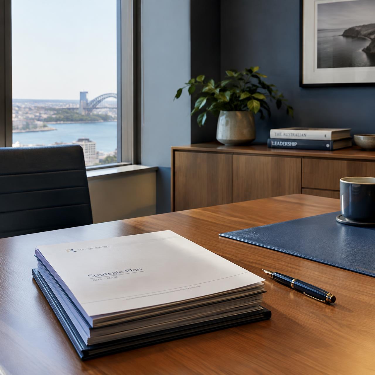 A quiet professional office with documents on a timber desk